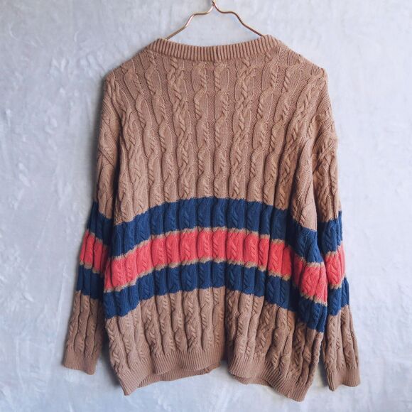 ANTHROPOLOGIE Brown Cable Knit Cardigan Size M/L Longline Varsity Stripes Preppy - Picture 5 of 11